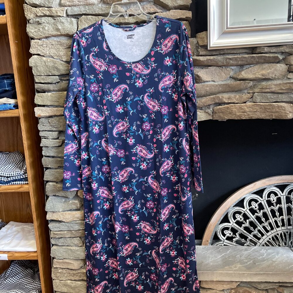 Lands' End Women's Supima Cotton Long Sleeve Midcalf Nightgown, NWT